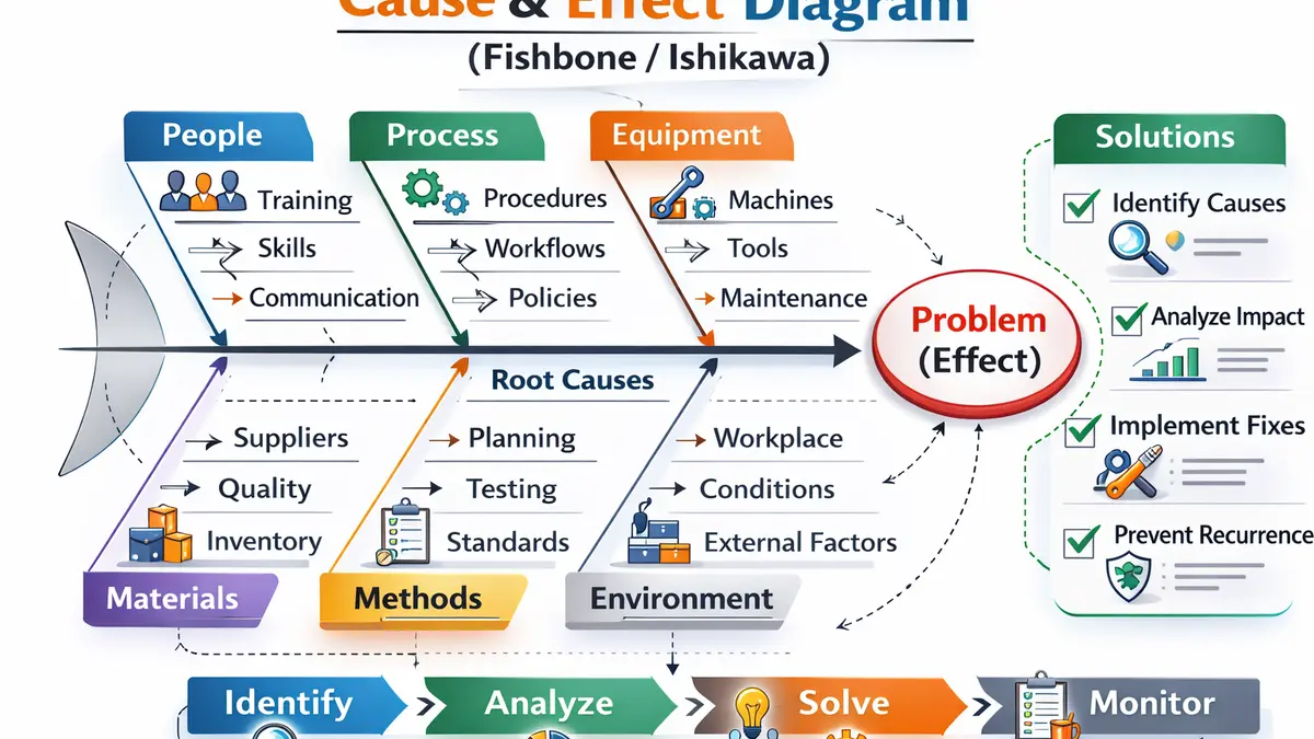 Méthode des 5M (diagramme d'Ishikawa) : guide complet 2026 pour identifier les causes racines et fiabiliser vos décisions